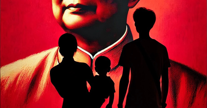 A family with a small child in front of a large portrait of a man