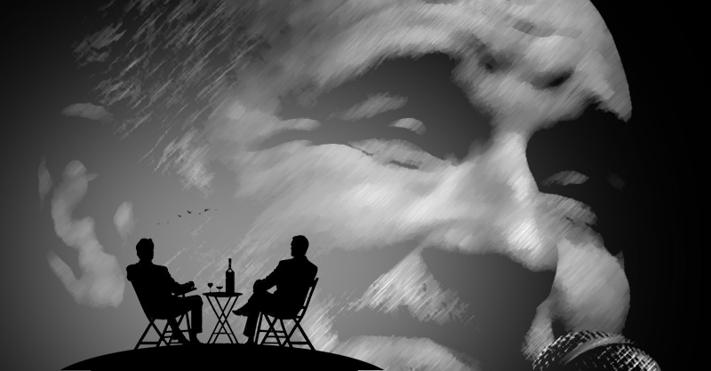 Silhouettes of two men sitting in garden chairs on a hill, with a bottle of cognac on a table between them and a large, stylized part of Djordje Balasevic's face in the sky
