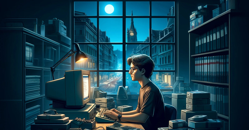 Illustration featuring a teenage programmer in the 90s with a European cityscape in the background