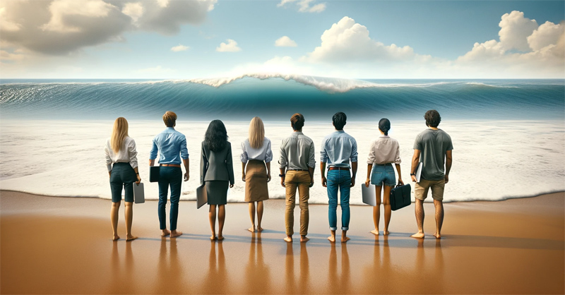 Several young people of different races and genders, seen from behind, standing on a sandy beach with their feet in shallow water. They are dressed in smart casual clothes, shirts, and hoodies, each holding a closed laptop, and all are looking at a big wave far on the horizon. The group is centered in the scene, with the expansive beach landscape extending on either side.